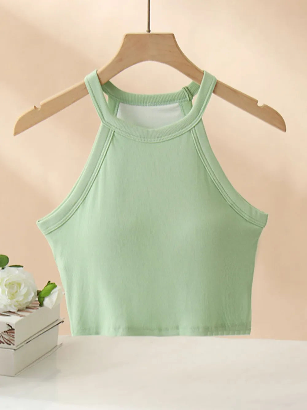 Ribbed Grecian Neck Cropped Tank with Chest Pads
