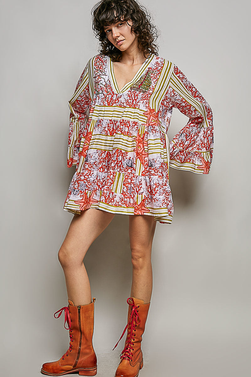 POL Striped Floral Long Sleeve Mini Dress with Pintuck Detail