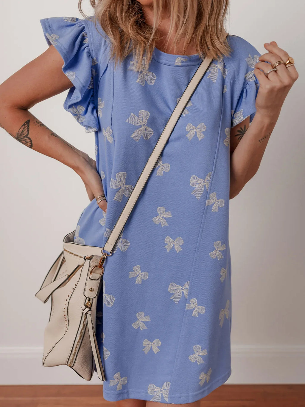 Bow Knot Print Crewneck Ruffled Sleeve Shift Mini Dress