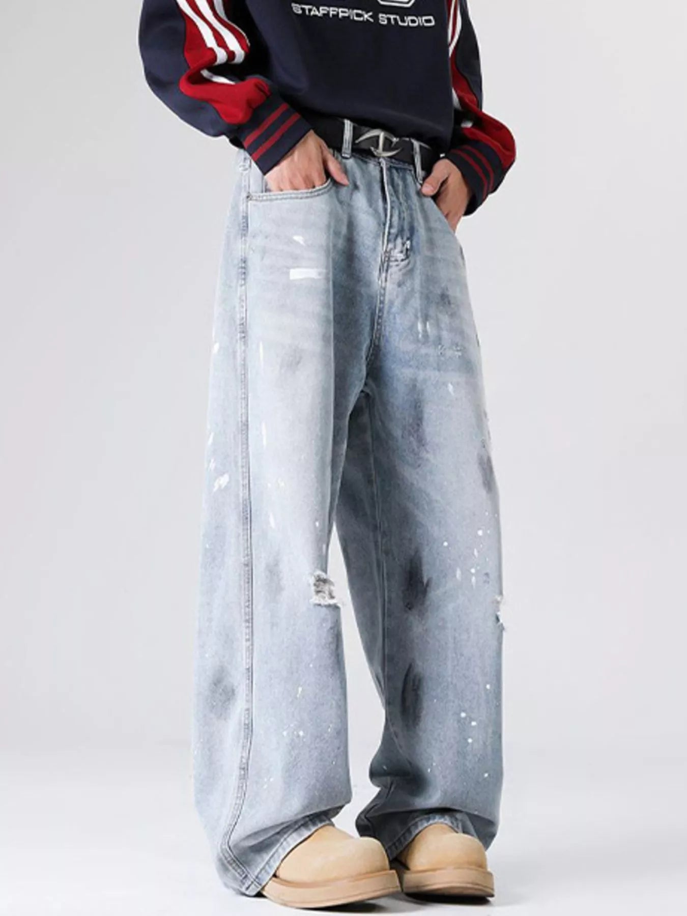 Men's Full Size Distressed Wide Leg Jeans Plus Size