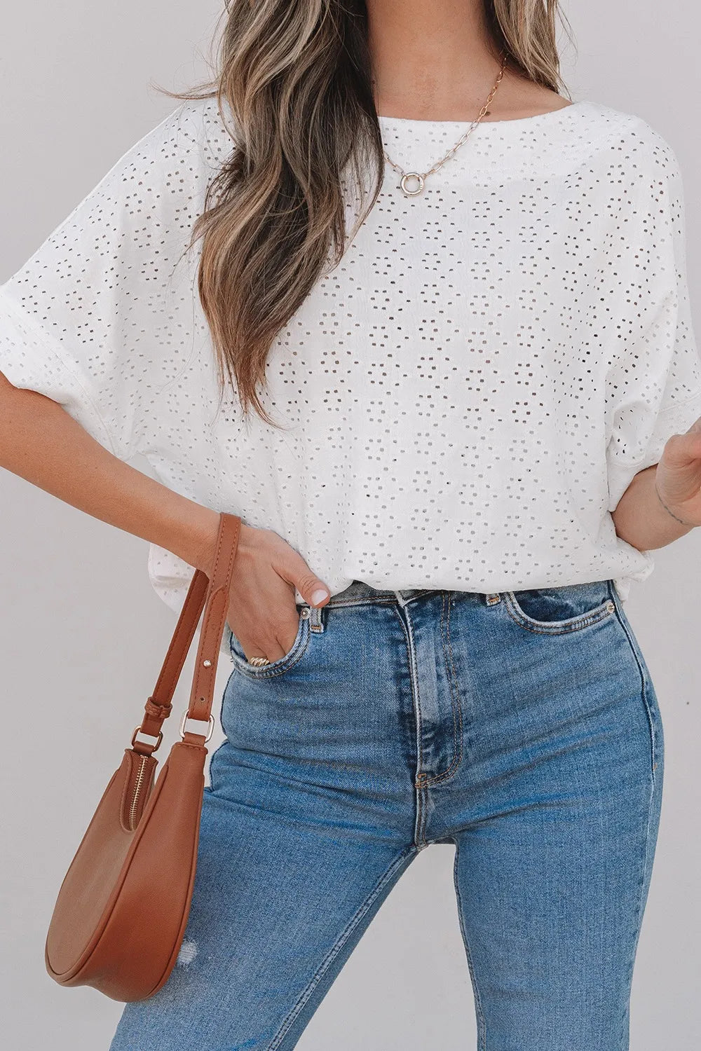 Eyelet Pattern Boat Neck Casual Tee