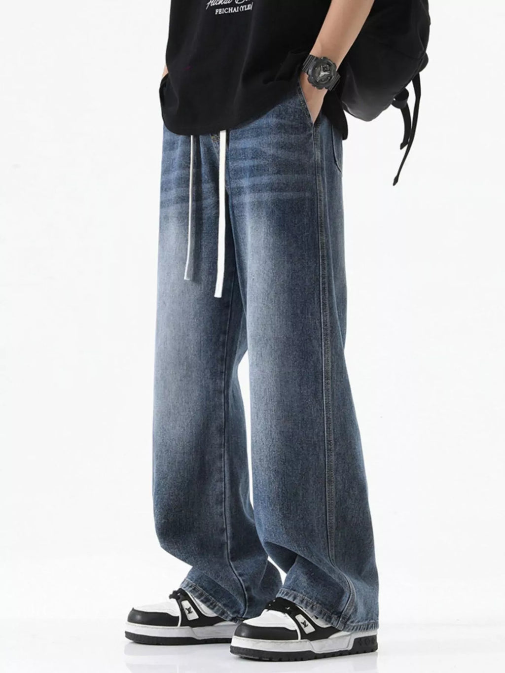 Men's Full Size Drawstring Wash Wide Leg Jeans Plus Size