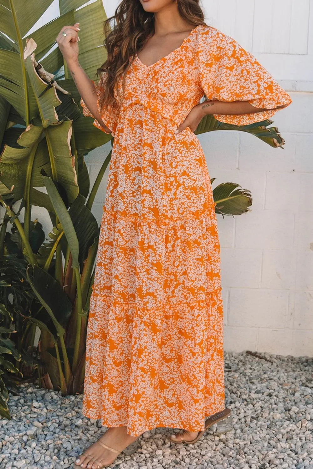 Floral Print Smocked V Neck Wide Sleeve Maxi Dress