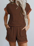 Stripe Ribbed Dolman Tee and Elastic Waist Casual Short Set