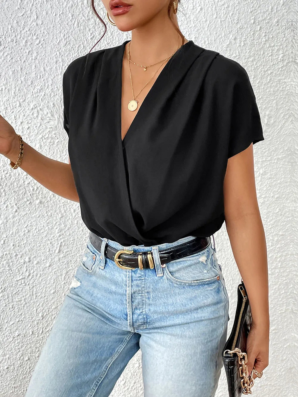 Perfee Surplice Short Sleeve Ruched Bodysuit