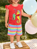 Children's Seahorse Ruffle Sleeve Top and Rainbow Striped Shorts Set