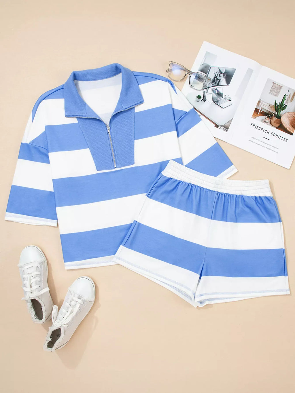 Stripe Seam Detail Half Zip Oversize Tee Casual Shorts 2pcs Set