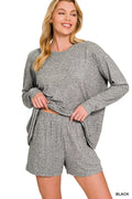 Zenana Soft Melange Long Sleeve Tee and Shorts Set
