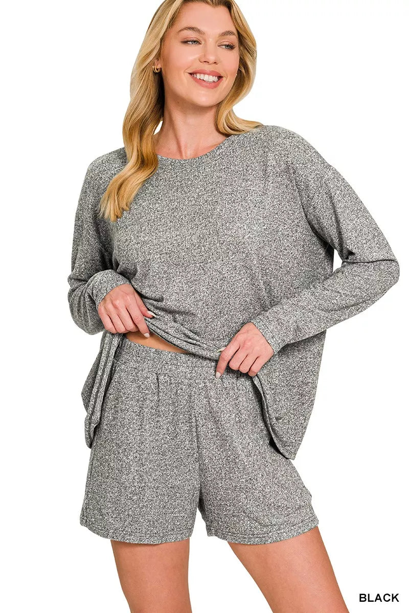 Zenana Soft Melange Long Sleeve Tee and Shorts Set