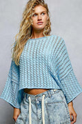 POL Cable-Knit Openwork Round Neck Cropped Sweater