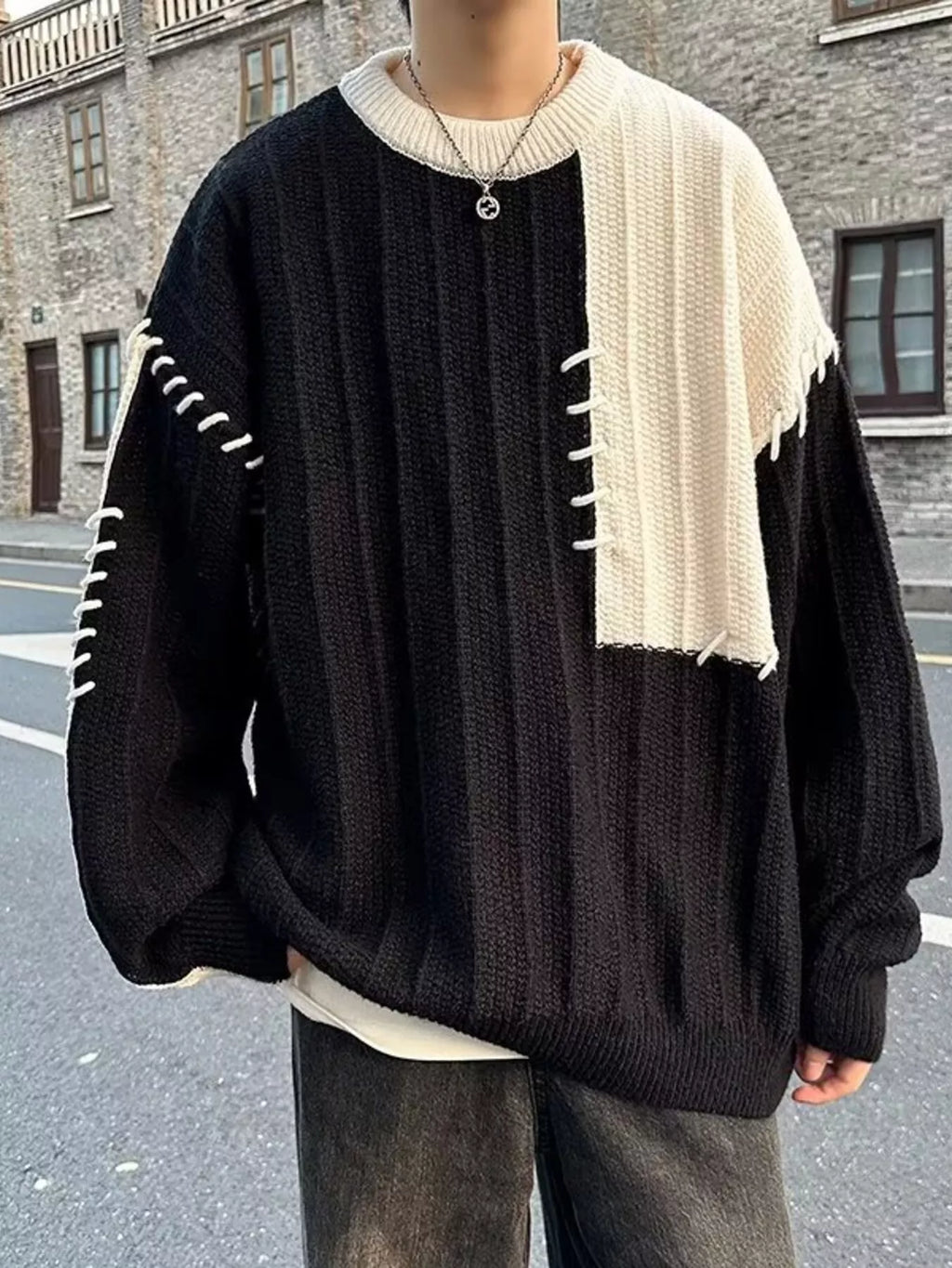 Men's Color Block Round Neck Knitted Pullover