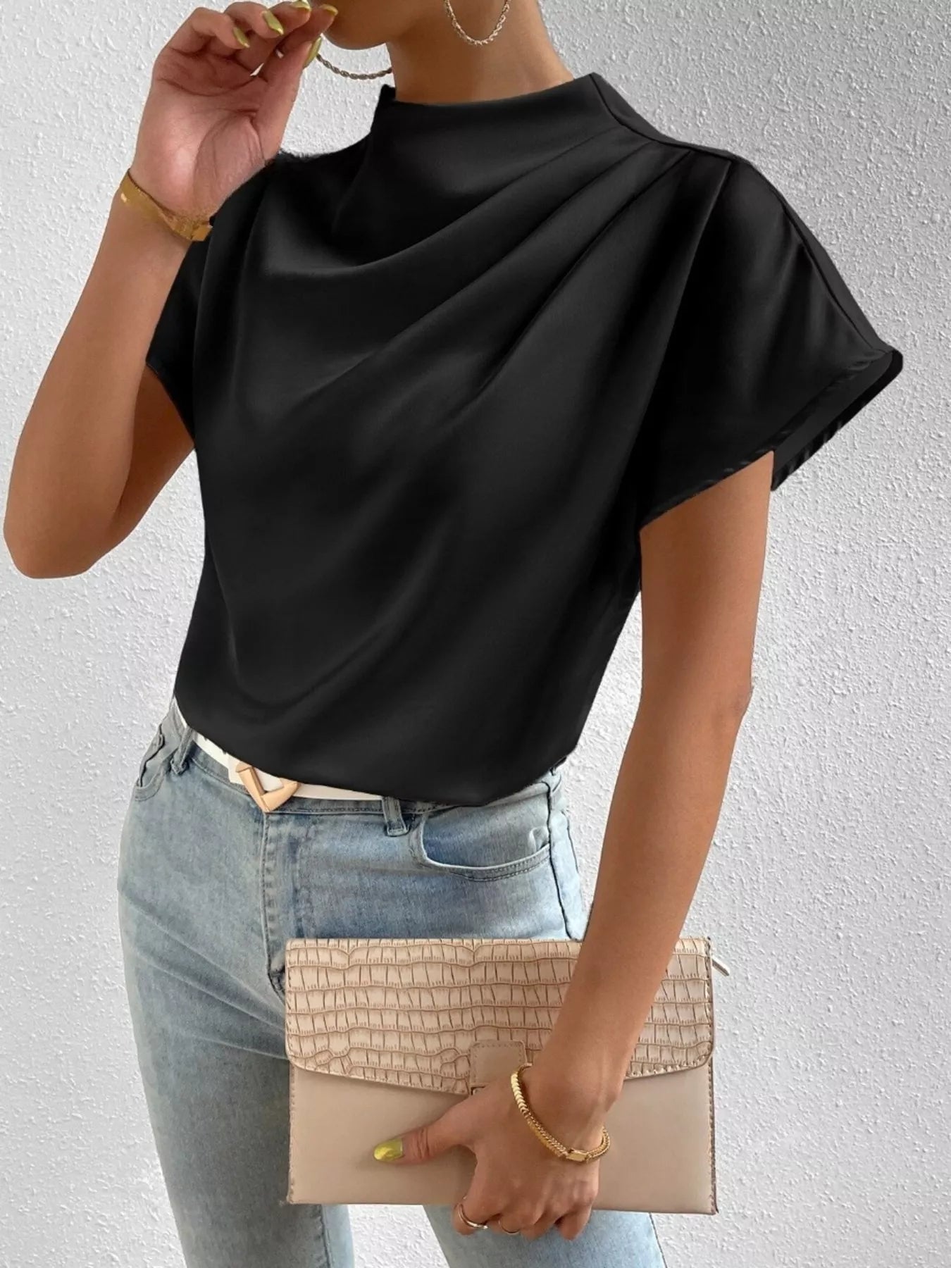 Mock Neck Satin Blouse