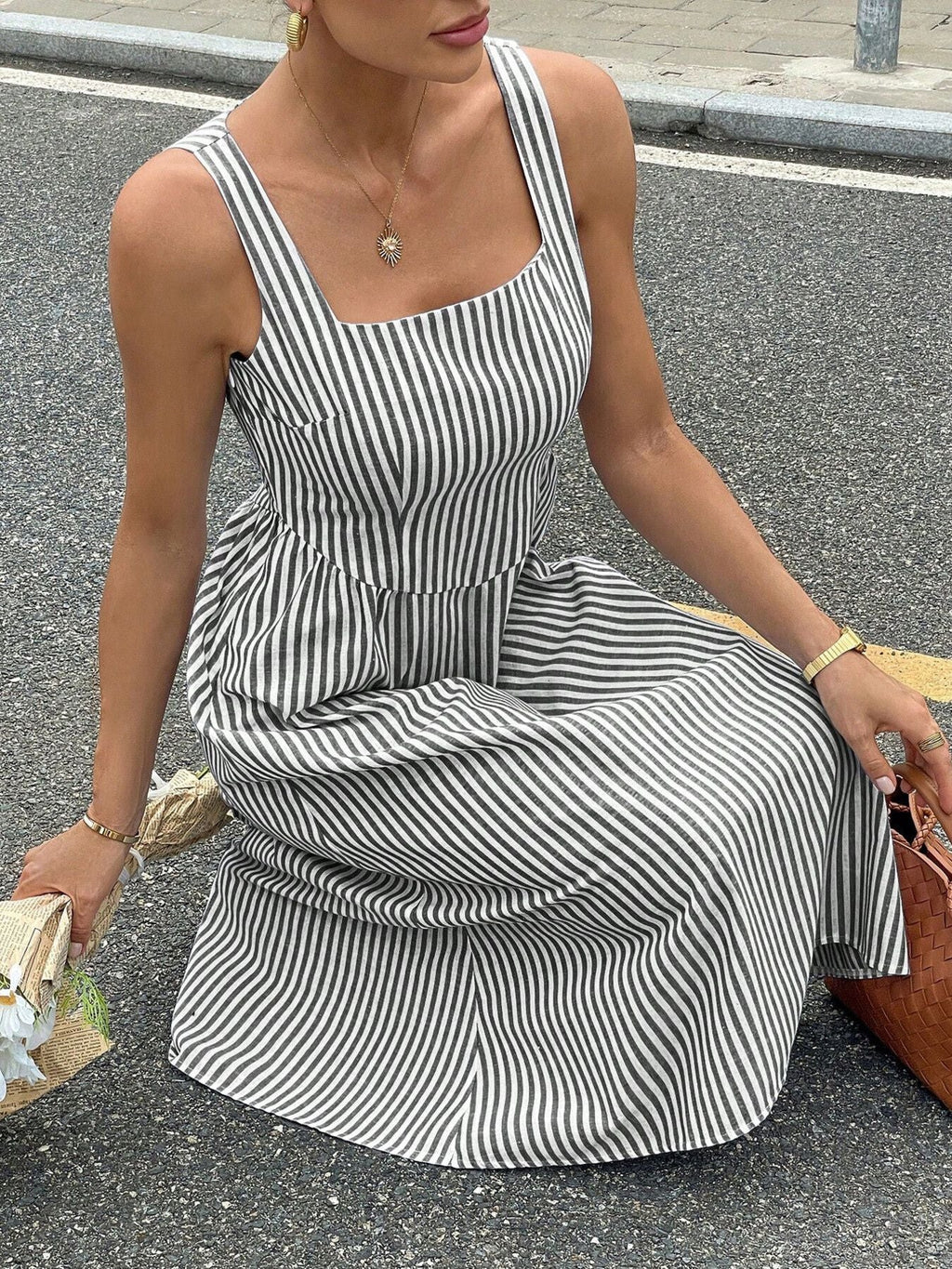 Striped Square Neck Midi Dress