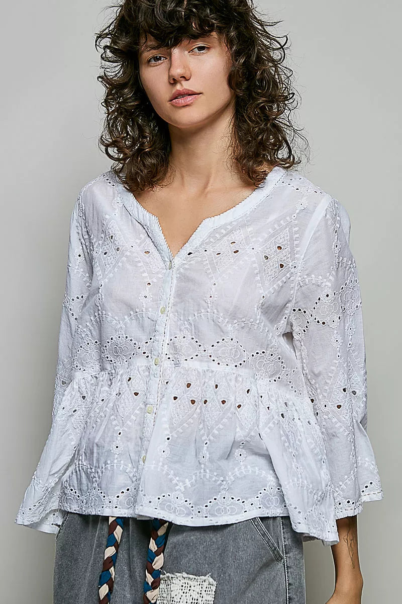 POL Eyelet Embroidery Peplum Button Front Cotton Shirt