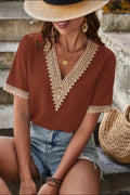 Full Size Lace Detail V-Neck Short Sleeve Blouse Plus Size