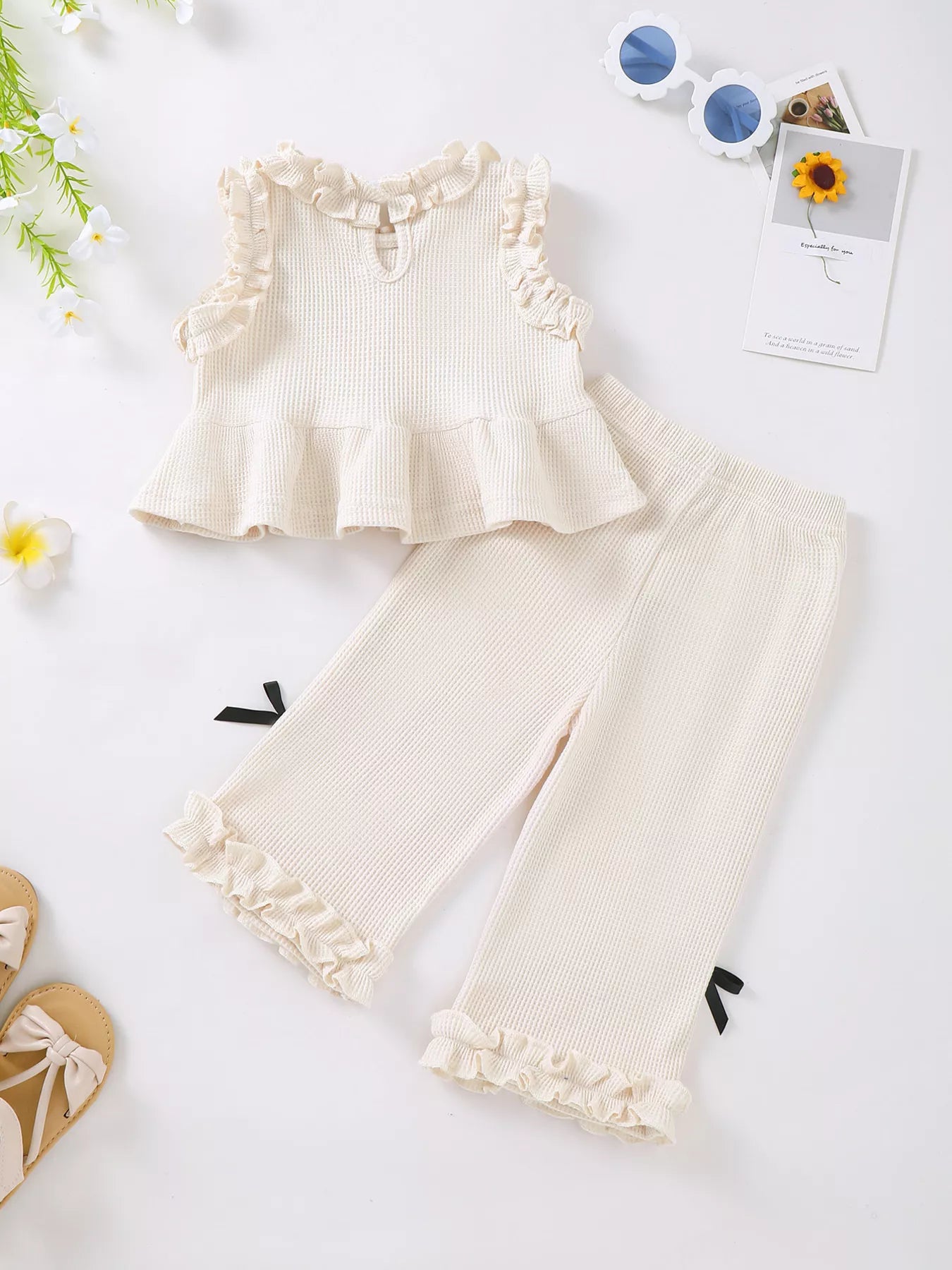Children's Bow Waffle Knit Top and Pants Set