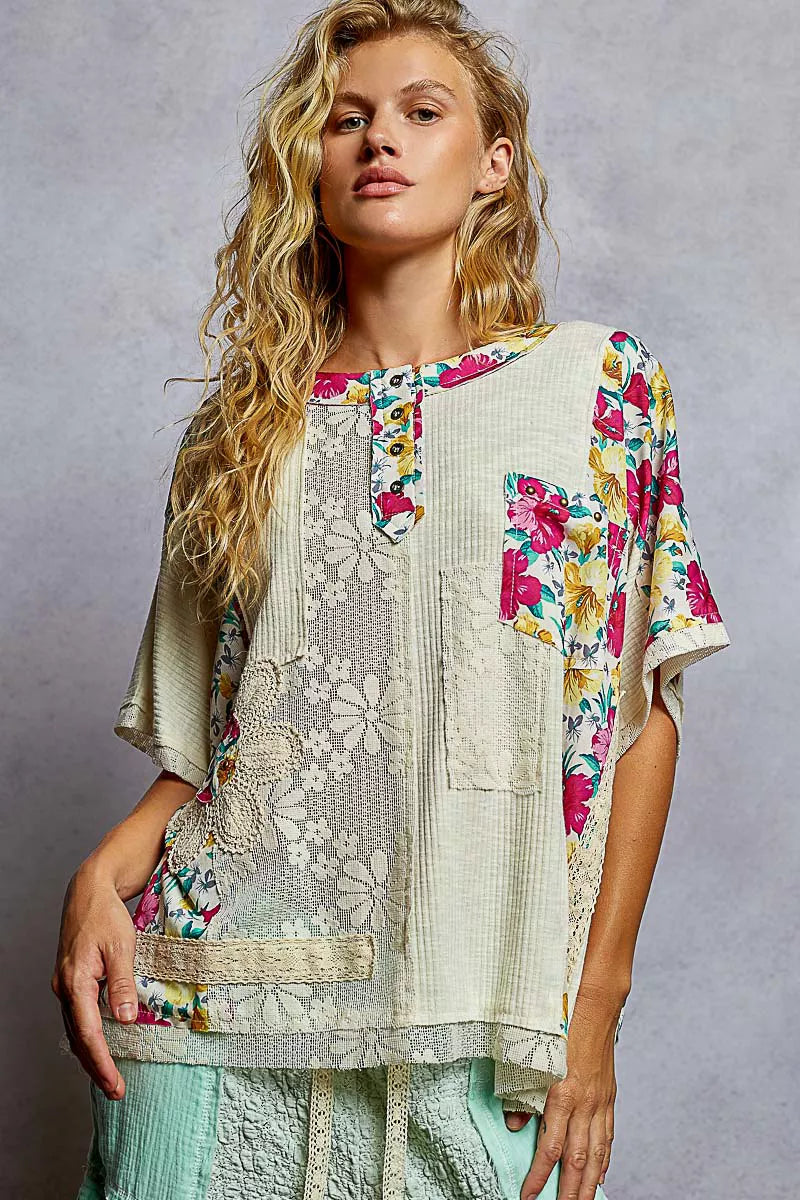 POL Lace Round Neck Short Sleeve Floral Pattern Top with Patch Detail