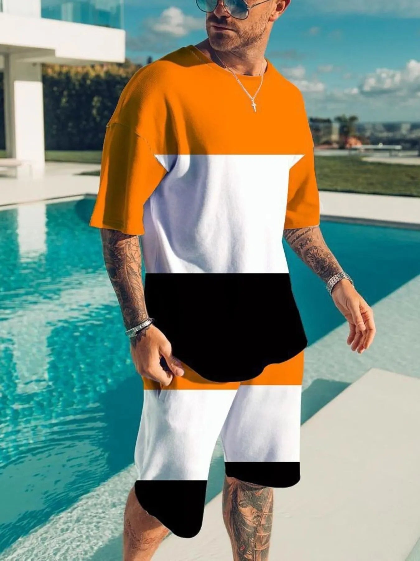 Men's Full Size Color Block Tee and Shorts Set Plus Size
