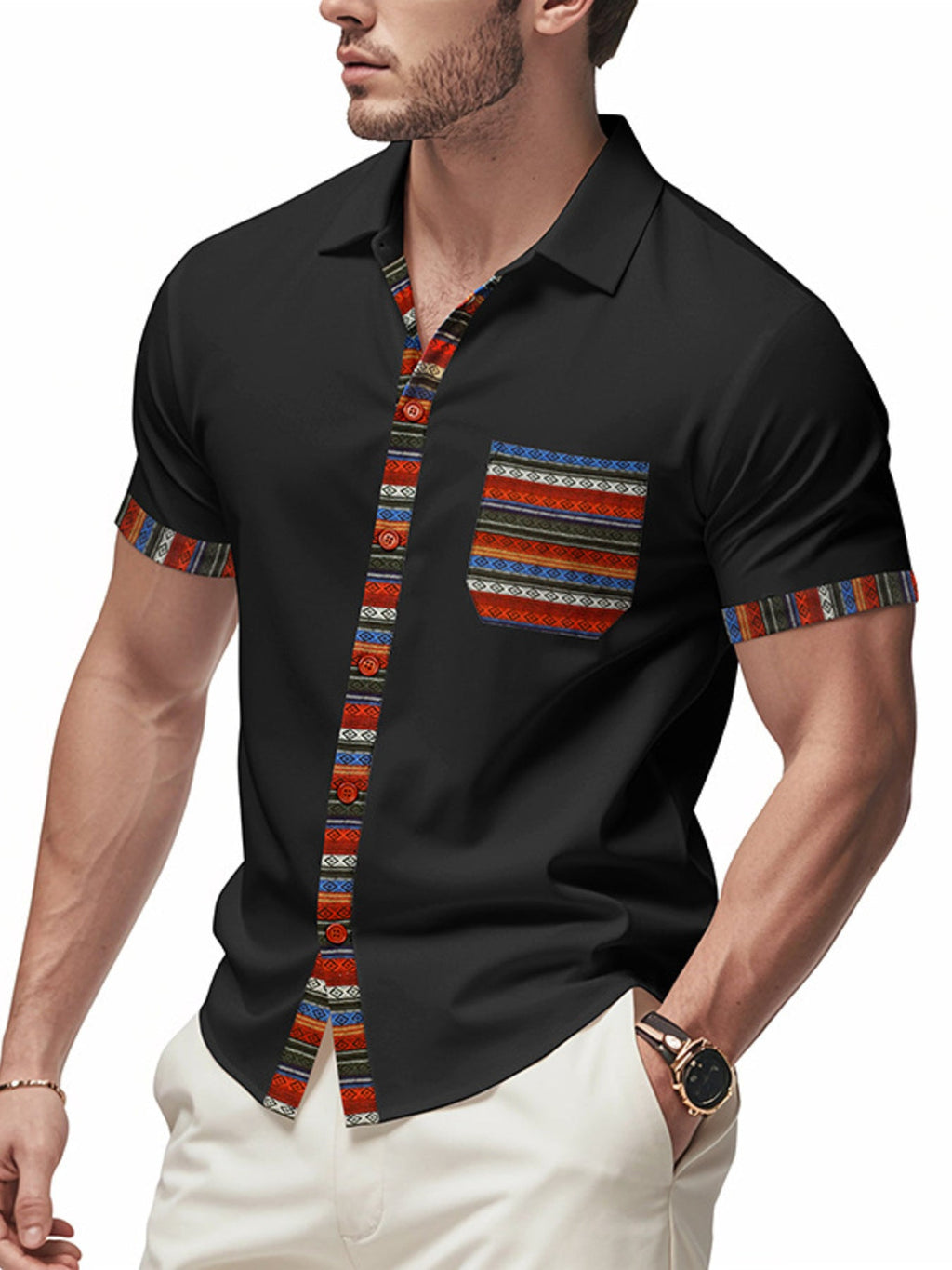Men's Full Size Short Sleeve Shirt with Colorful Trim Plus Size