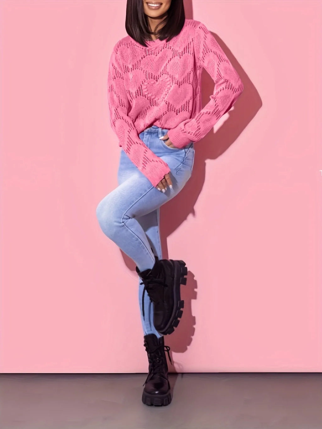 Heart Round Neck Long Sleeve Sweater