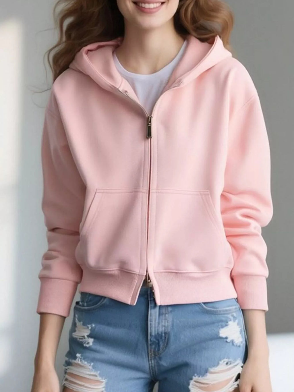 Full Size Casual Zip-Up Long Sleeve Hoodie Plus Size