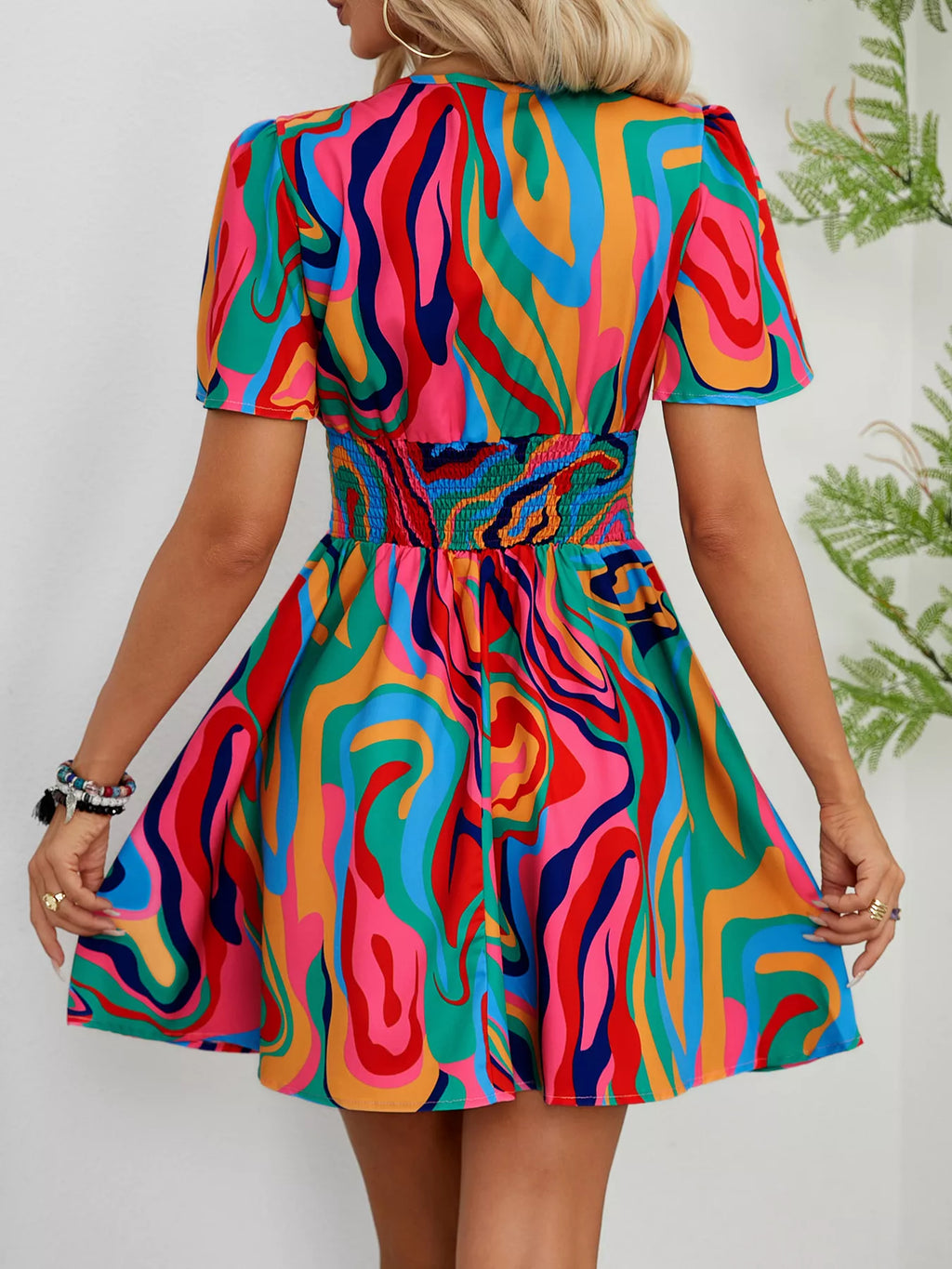 Colorful Print Short Sleeve Mini Dress