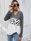 Shiny Leopard Color Block V-Neck Twisted Tee