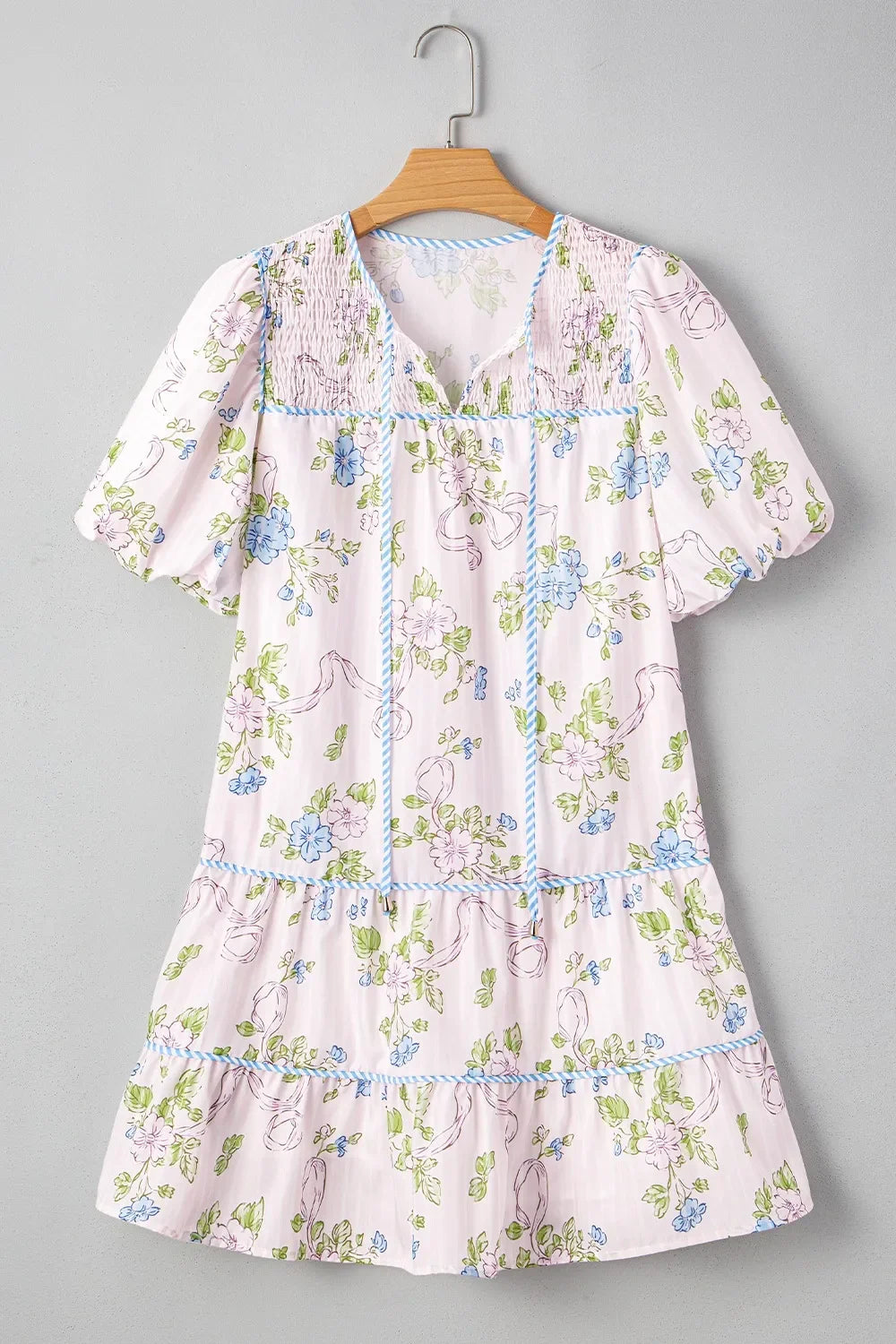 Printed Tie Neck Short Sleeve Mini Dress