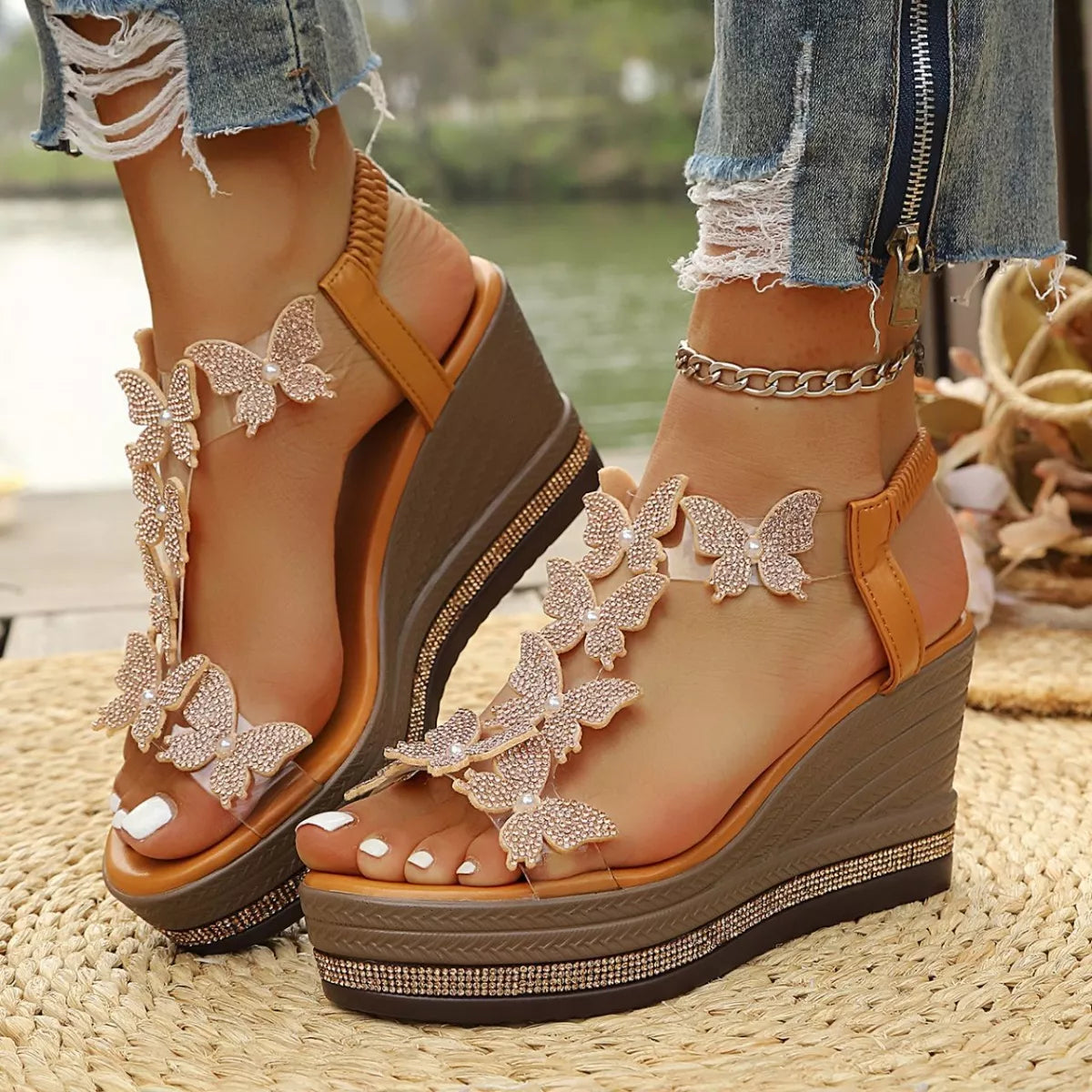 Butterfly Embellished Wedge Sandals