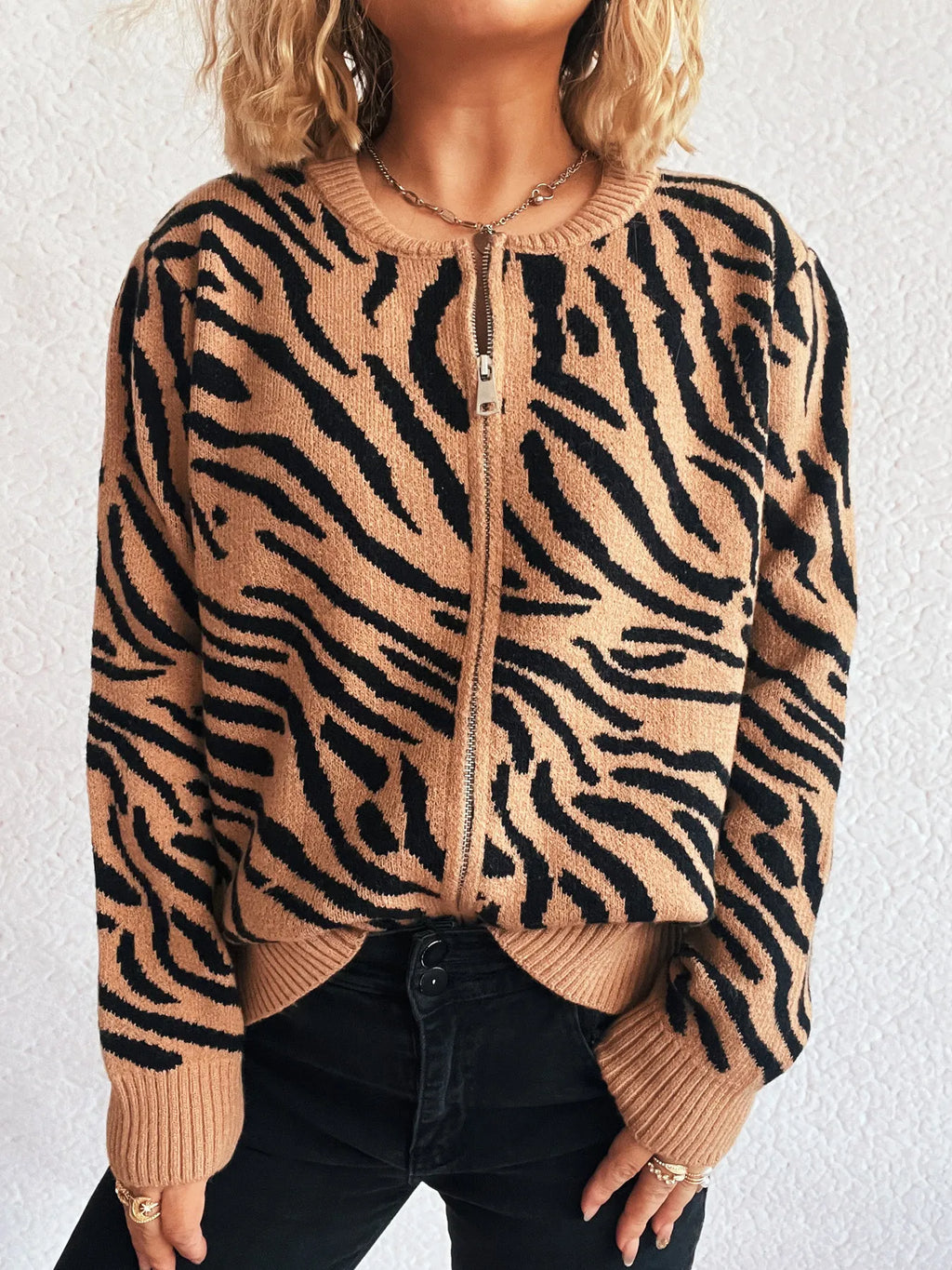 Zebra Print Zip Up Cardigan