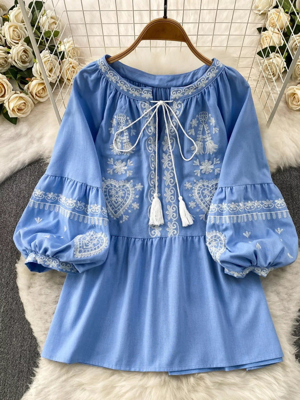 Embroidered Tie Neck Blouse