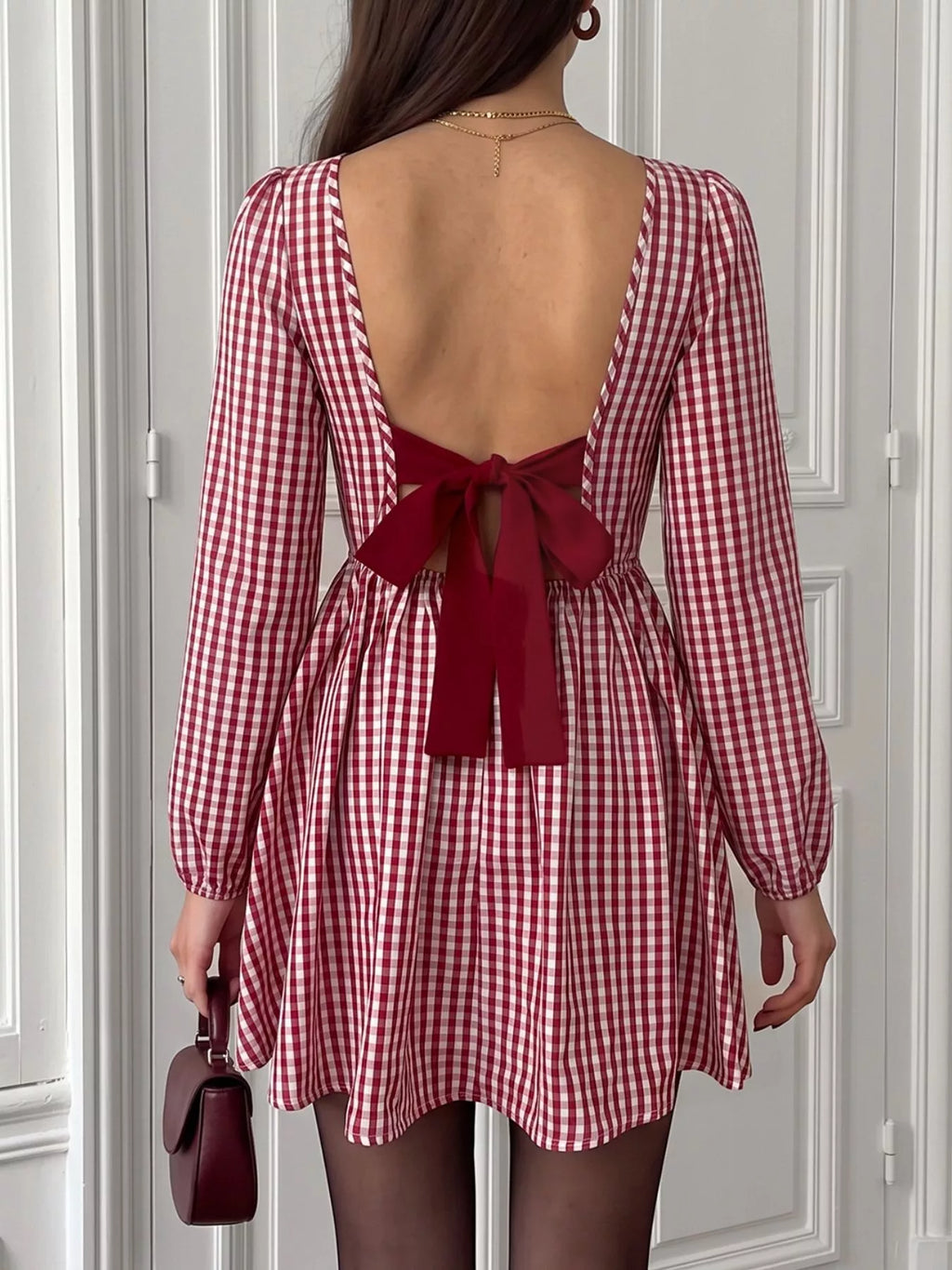 Backless Plaid Long Sleeve Dress