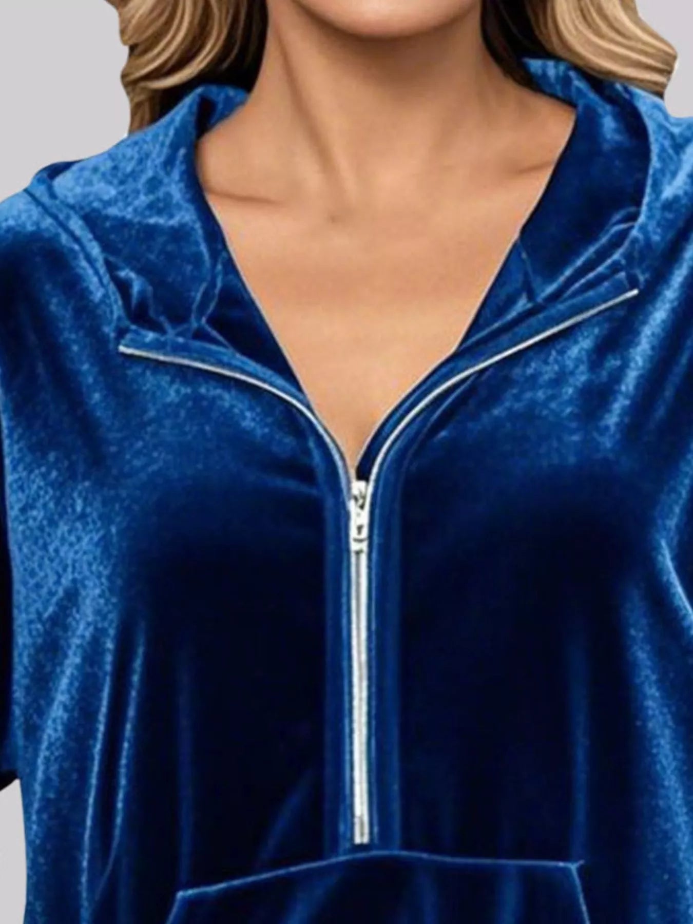 Full Size Velvet Half Zip Hoodie with Kangaroo Pocket Plus Size