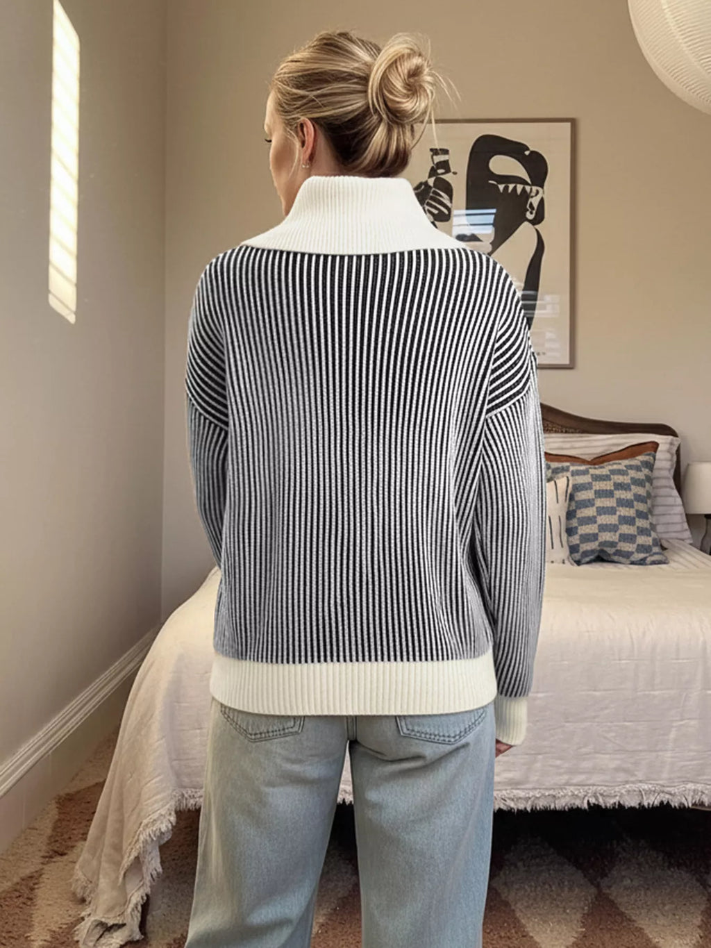 Striped Knit Sweater with Contrast Collar