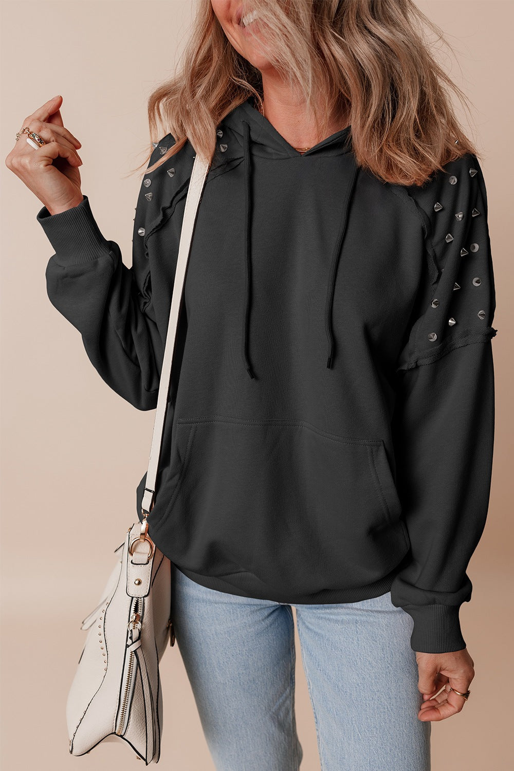 Drawstring Studded Long Sleeve Hoodie