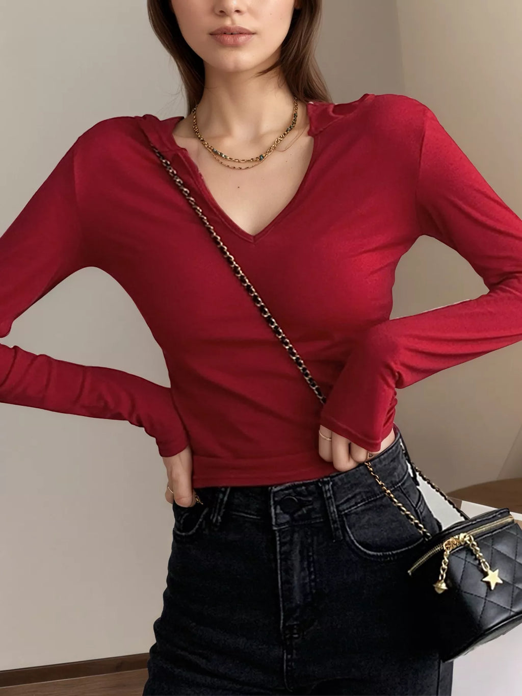 V-Neck Long Sleeve Slim Fit T-Shirt