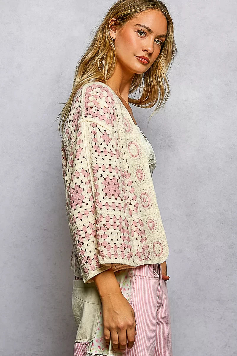 POL Open Front Crochet Cardigan with Granny Square Pattern