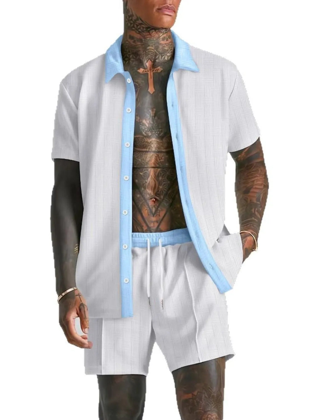 Men's Full Size Collared Neck Short Sleeve Top and Shorts Set Plus Size