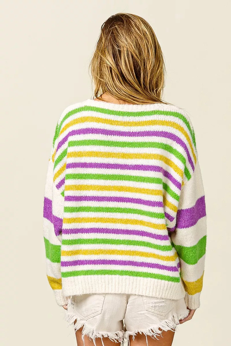 BiBi Mardi Gras Colors Stripe Comfy Sweater