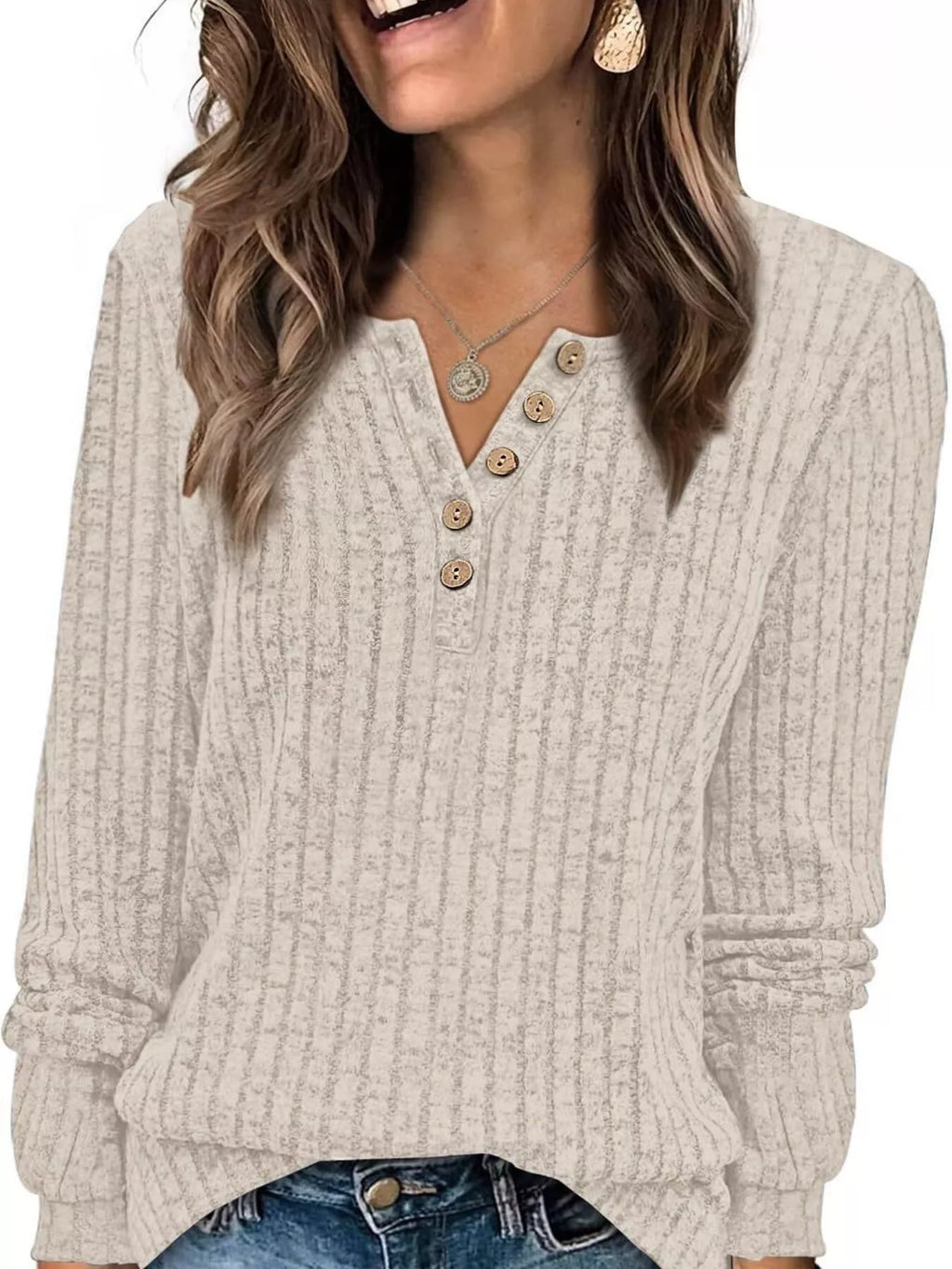 Ribbed Knit Button-Front Long Sleeve T-Shirt