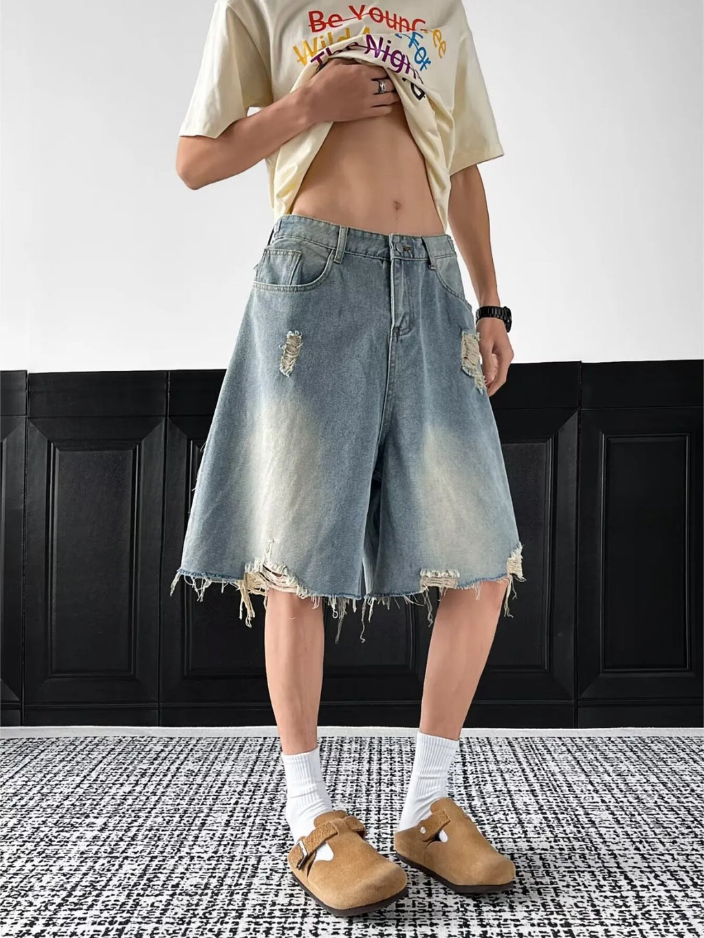 Men's Full Size Distressed Wide Leg Denim Shorts Plus Size
