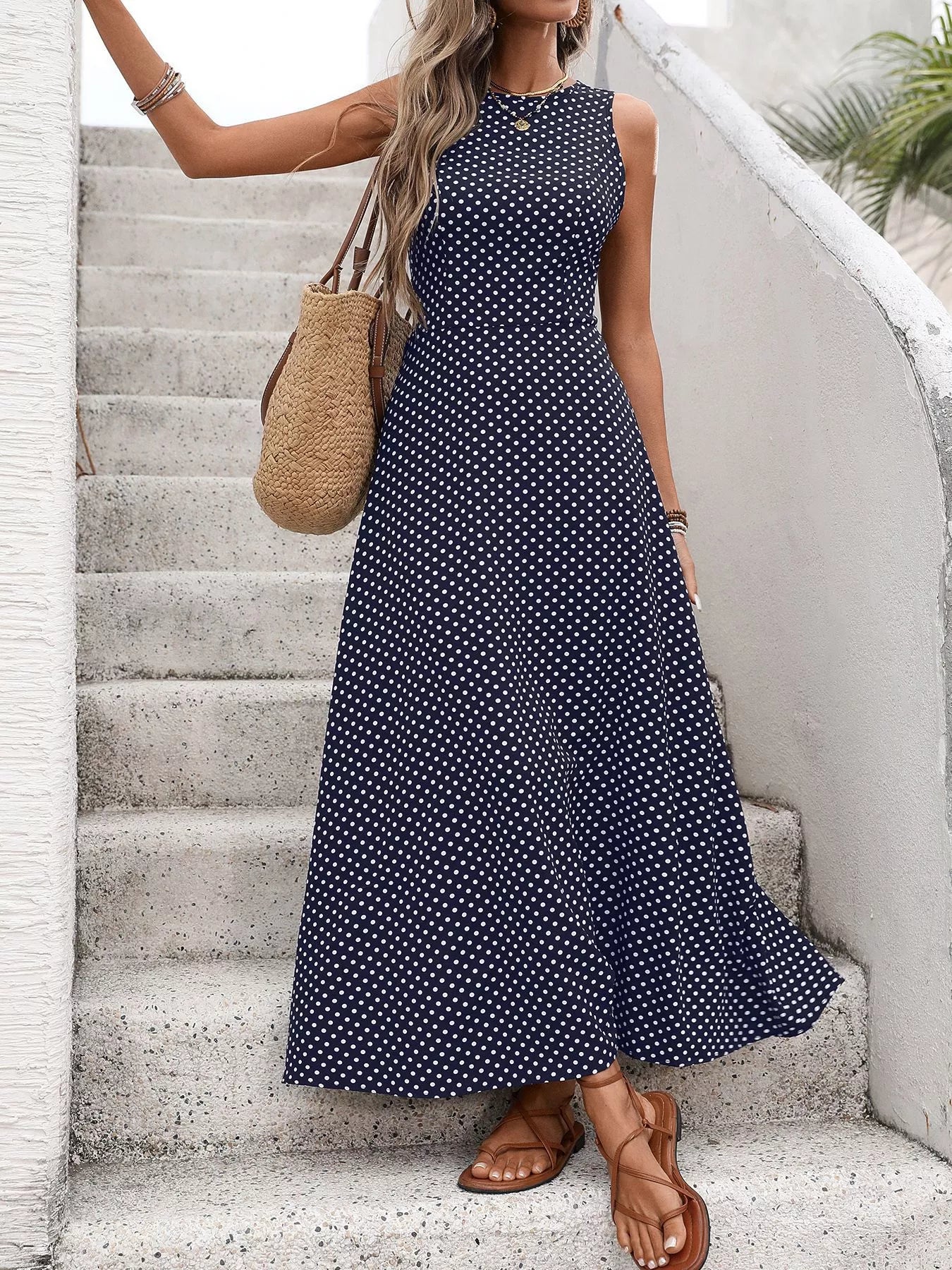 Sleeveless Polka Dot Maxi Dress