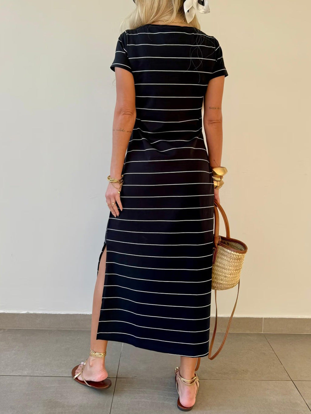 Slit Casual Striped Midi T-Shirt Dress