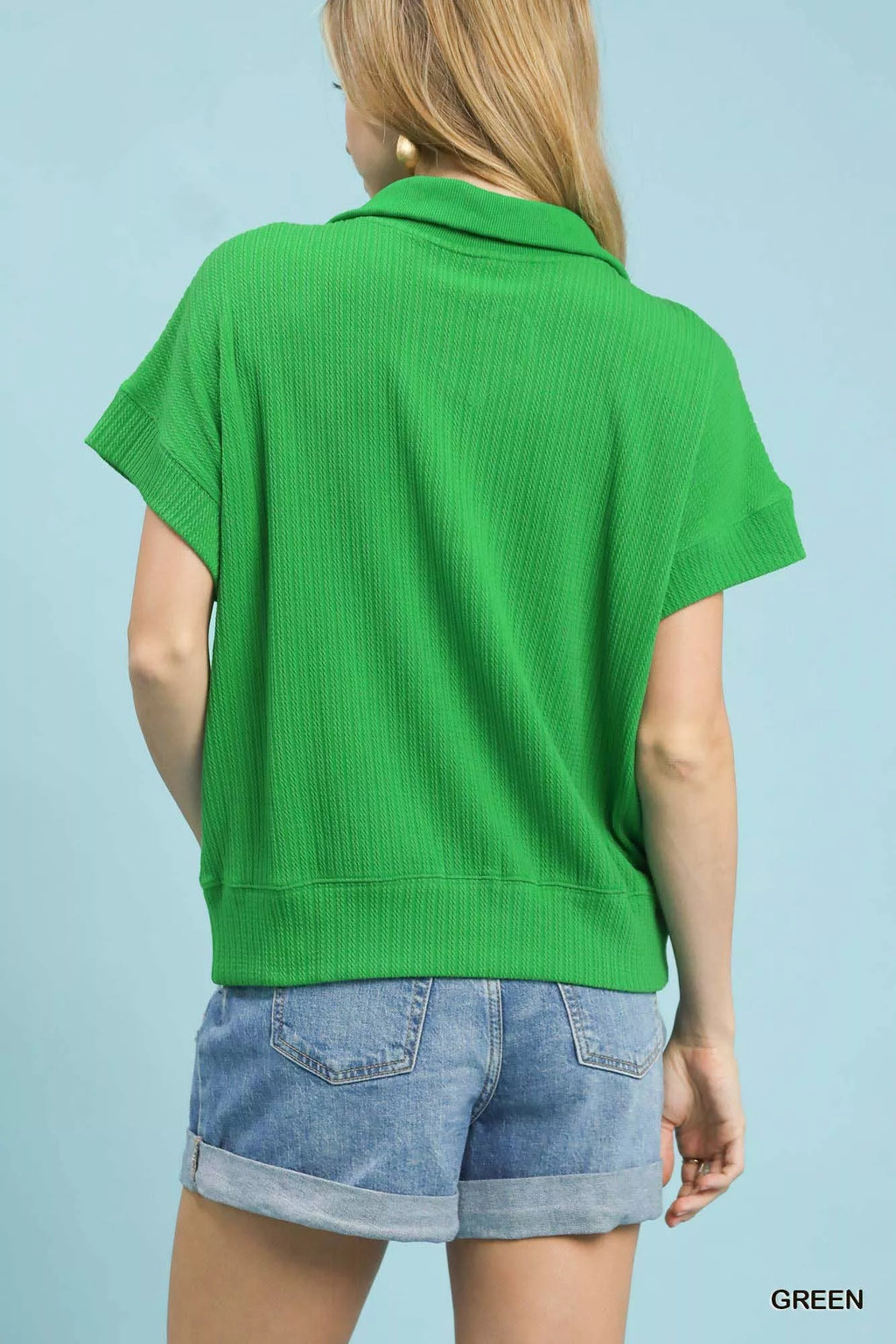 Umgee Textured Striped Zip Collar Knit Top