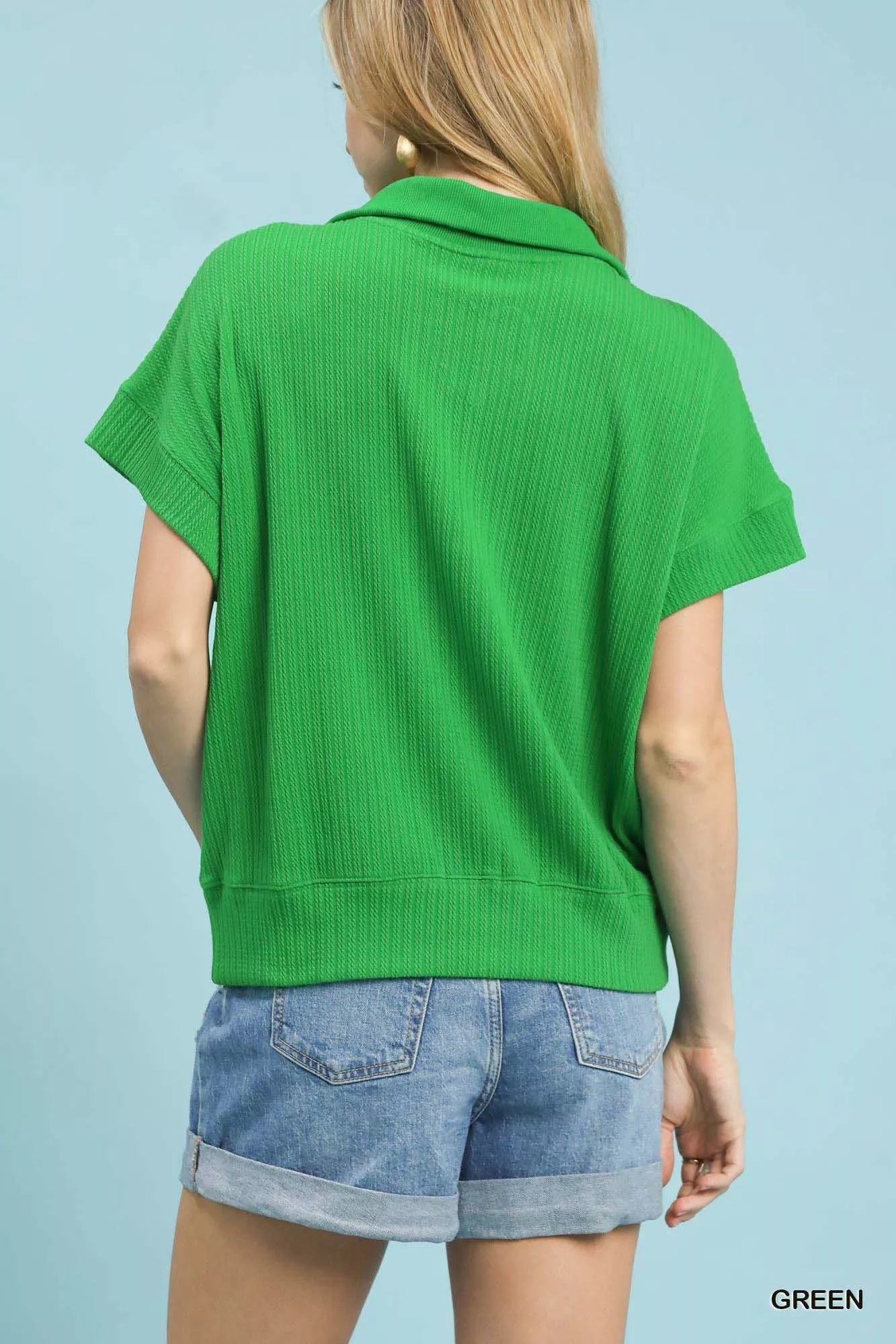 Umgee Textured Striped Zip Collar Knit Top