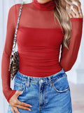 Sheer Mesh Patchwork High Neck Long Sleeve Top