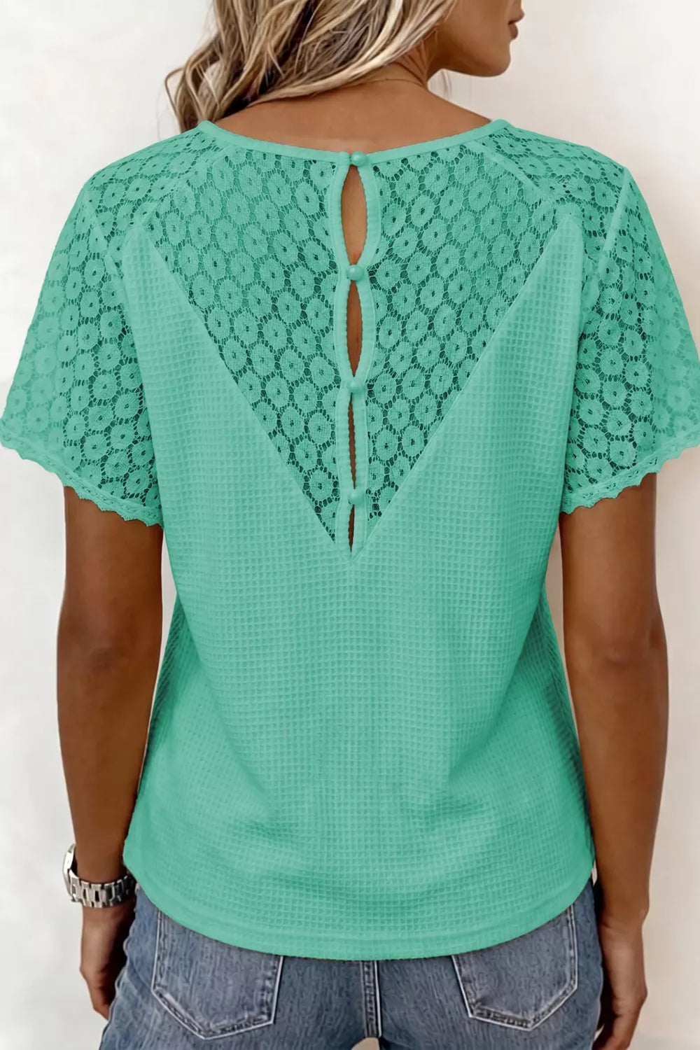 Lace Splicing Button Cutout V Neck Waffle Knit Blouse