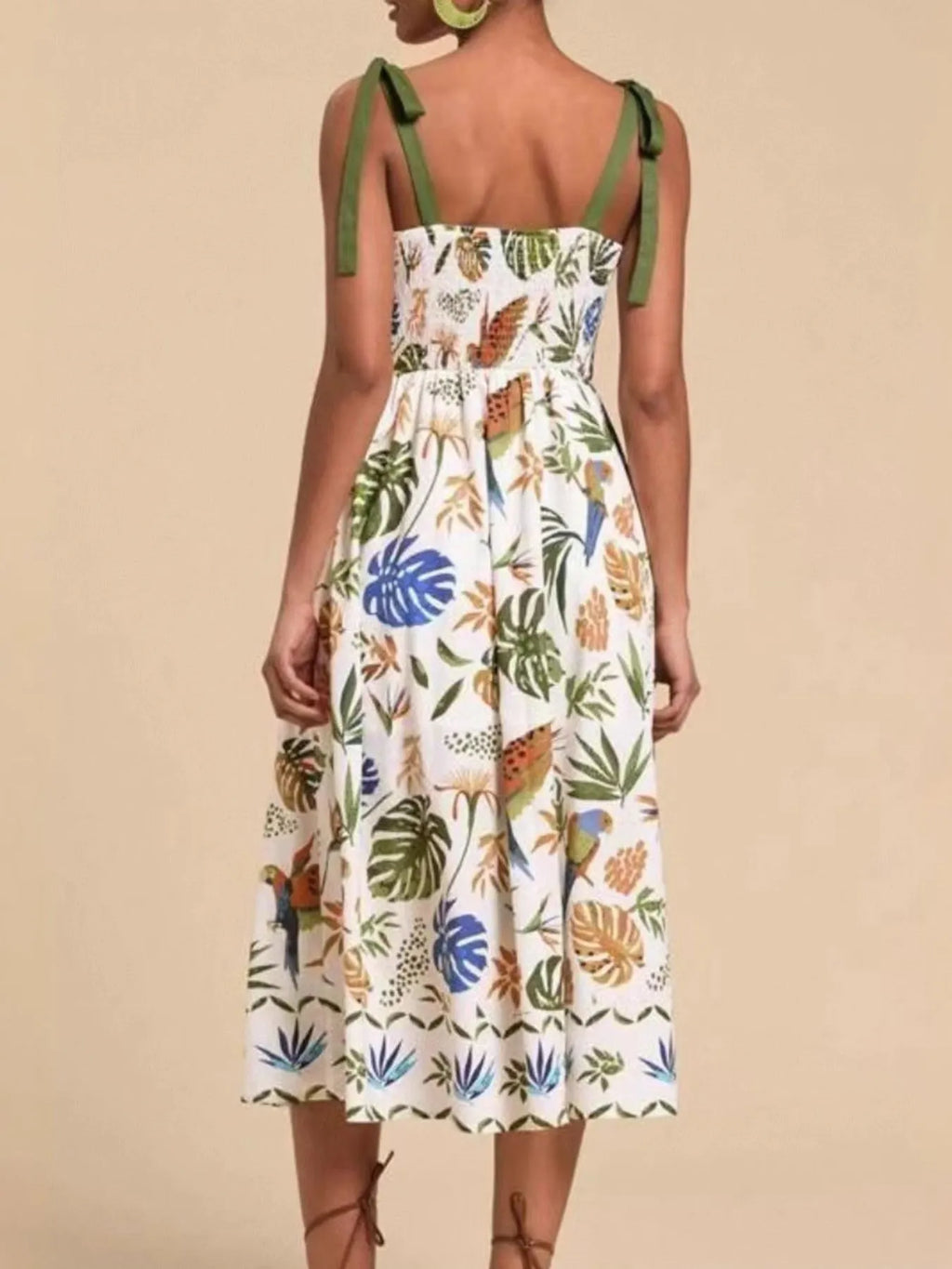 Tropical Print Tie-Shoulder Sweetheart Neck Midi Dress