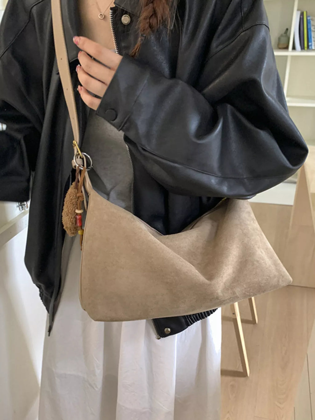 Solid Color Suede Hobo Crossbody Bag
