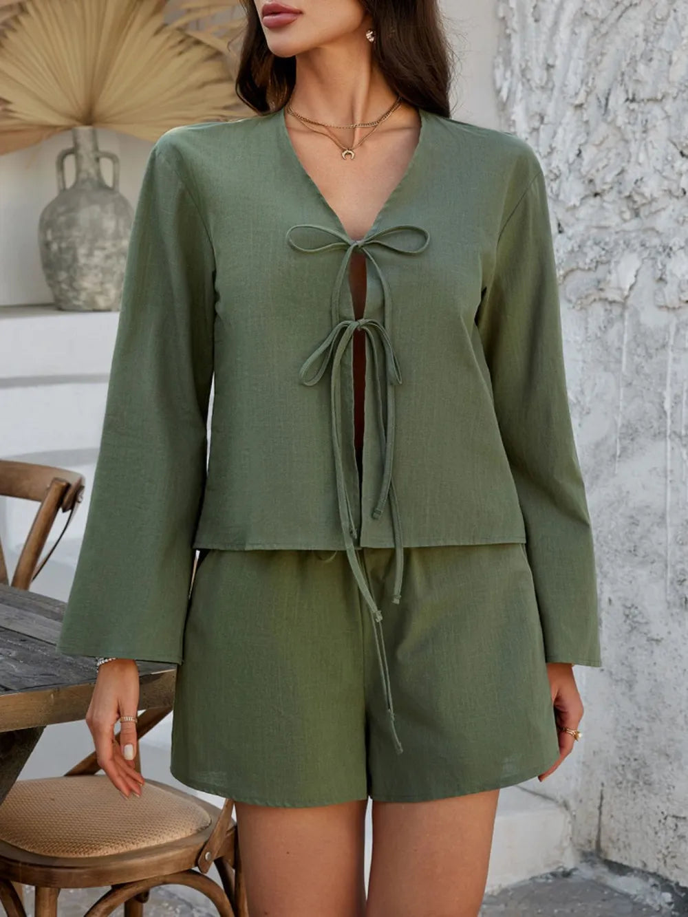Devine Double Tied V-Neck Top and Shorts Set